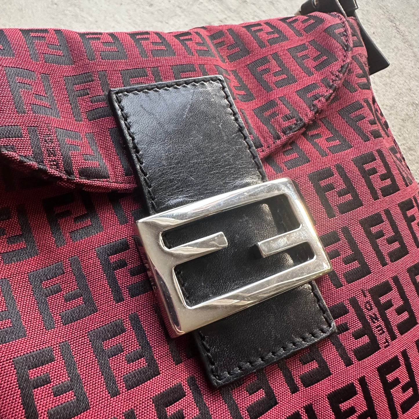 Vintage Fendi Baguette Style Red & Black Zucca Shoulder Bag