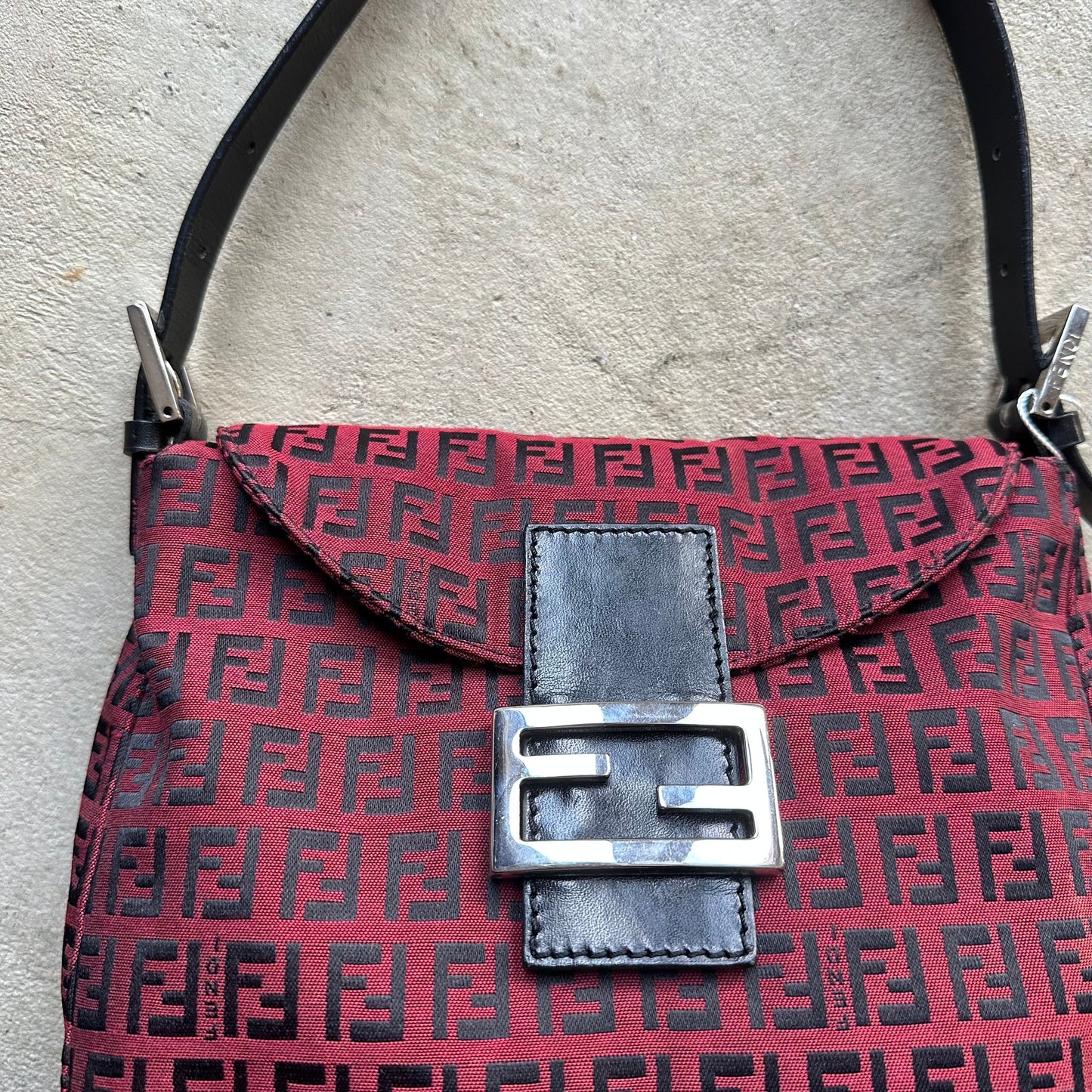 Vintage Fendi Baguette Style Red & Black Zucca Shoulder Bag