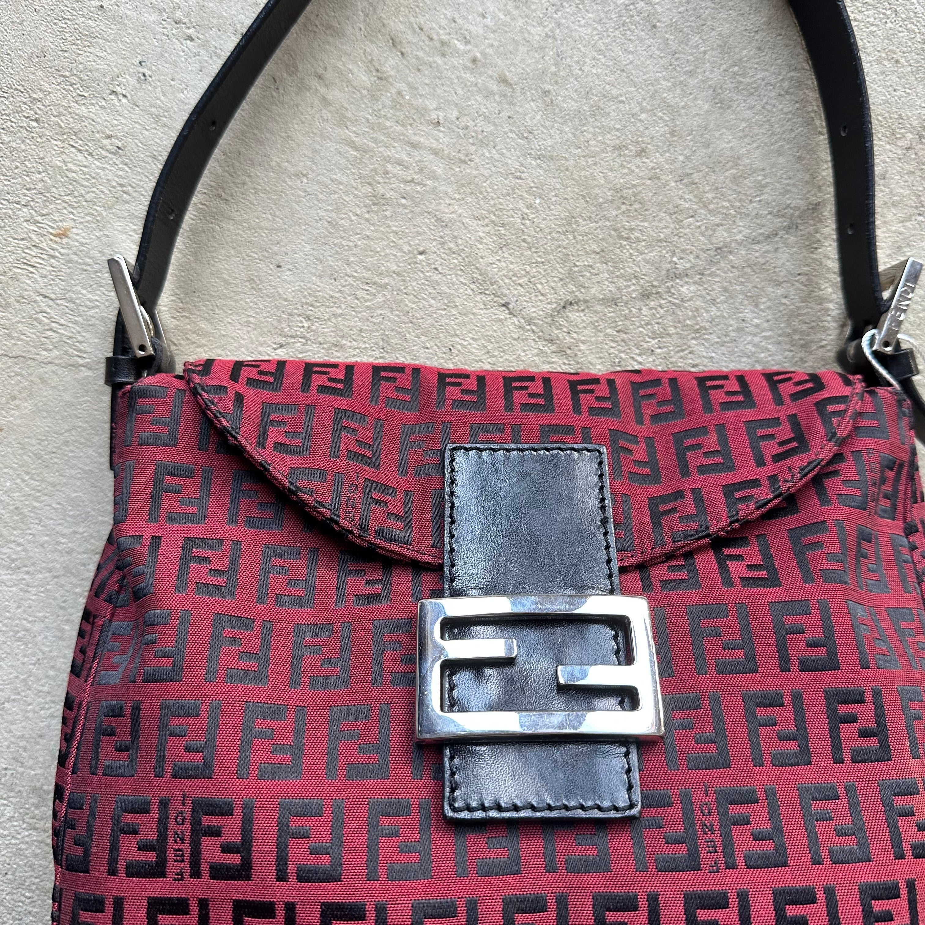 Vintage Fendi Baguette Style Red & Black Zucca Shoulder Bag