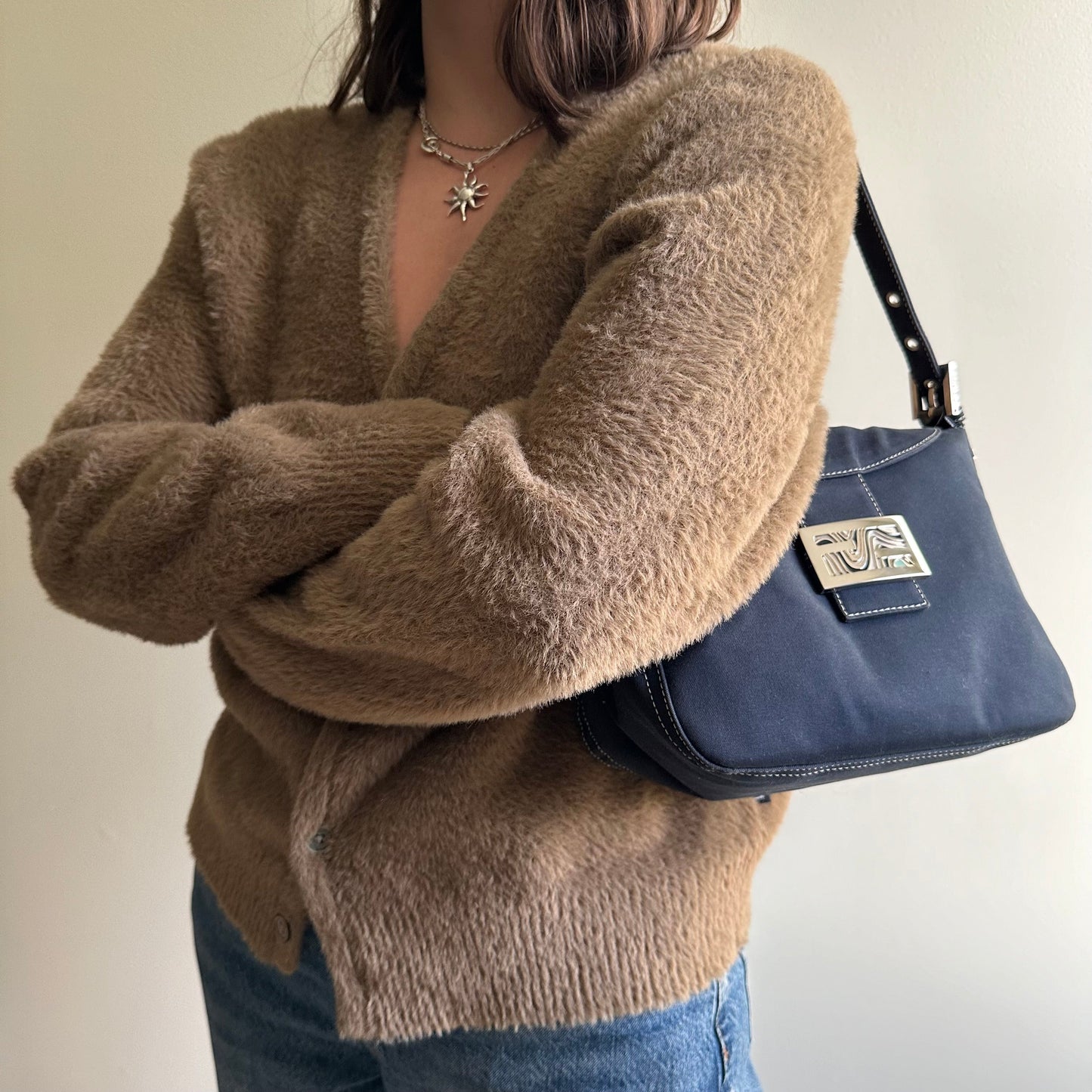 Vintage Fendi Mama Baguette Style Denim Shoulder Bag