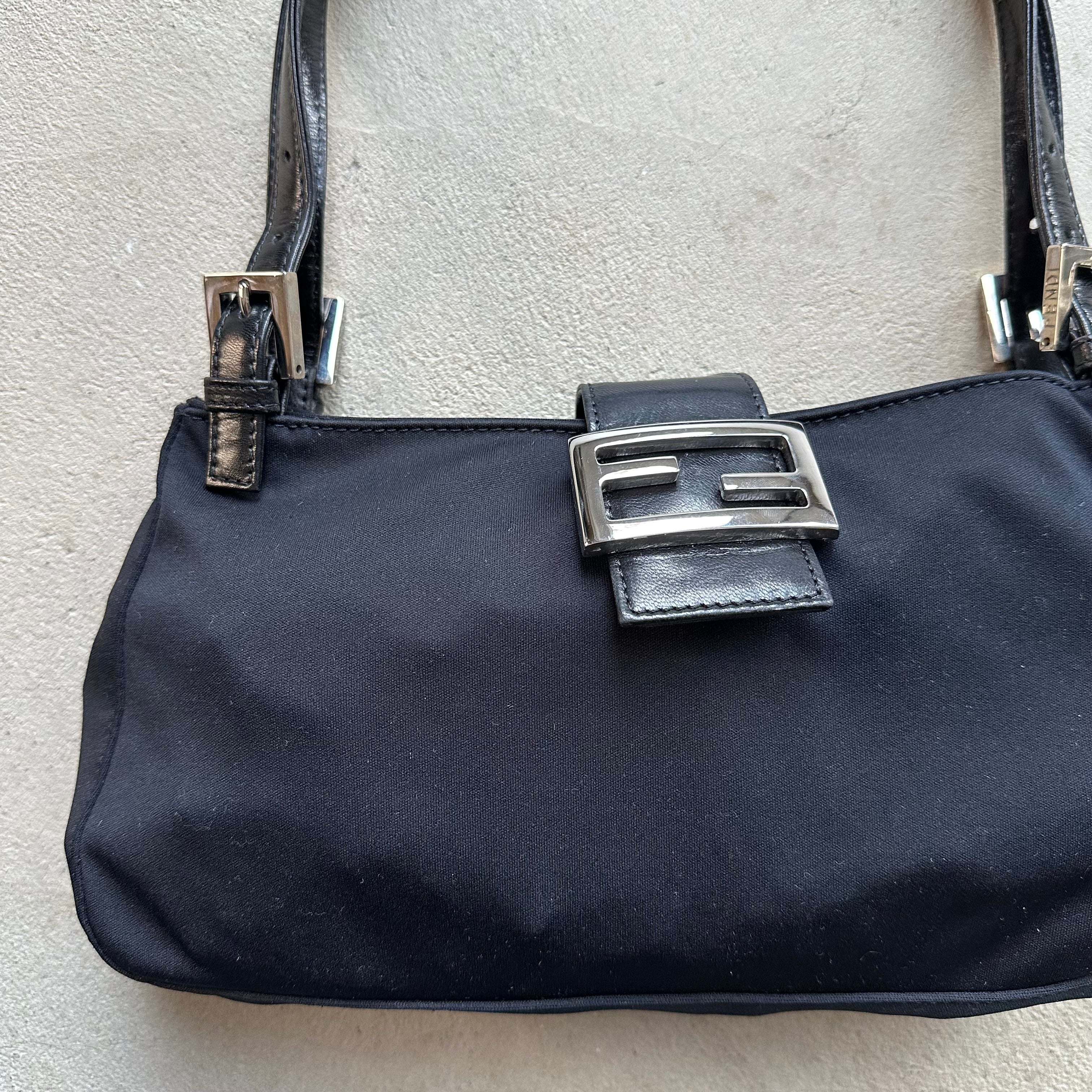 Vintage Fendi Mama Style Double Strap Black Nylon Shoulder Bag