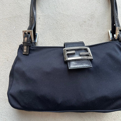 Vintage Fendi Mama Style Double Strap Black Nylon Shoulder Bag