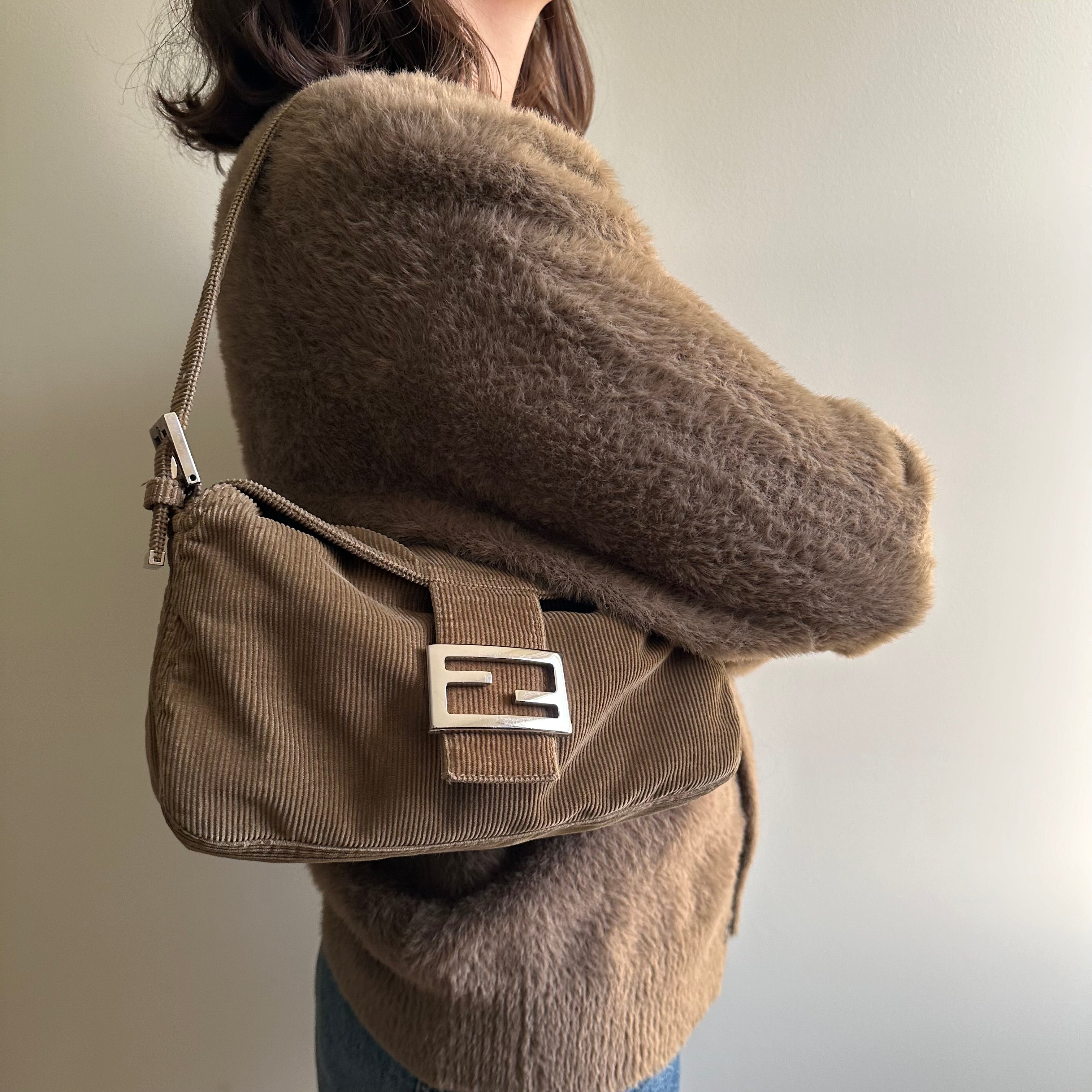 Vintage Fendi Brown Corduroy Mini Mama Baguette