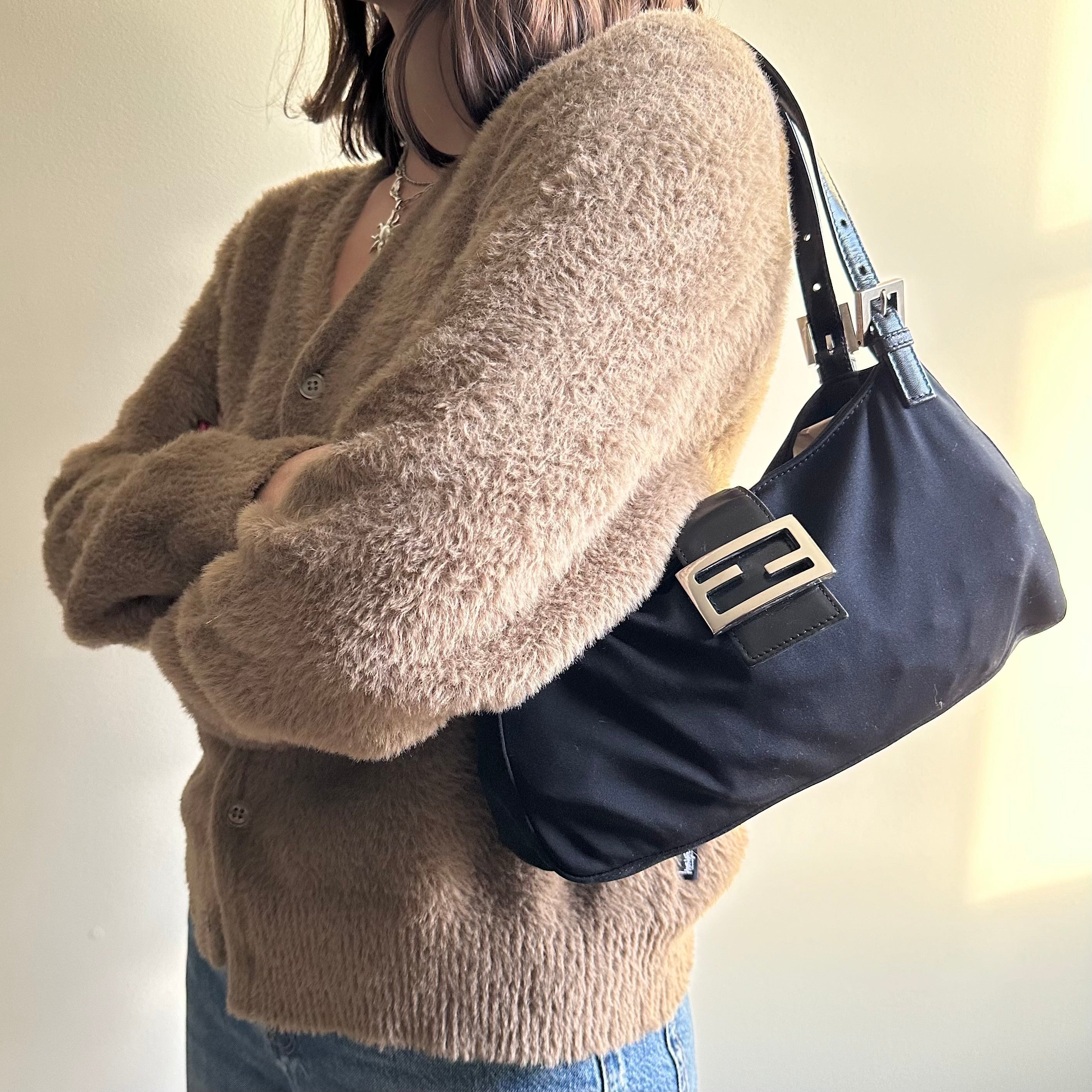 Vintage Fendi Mama Style Double Strap Black Nylon Shoulder Bag