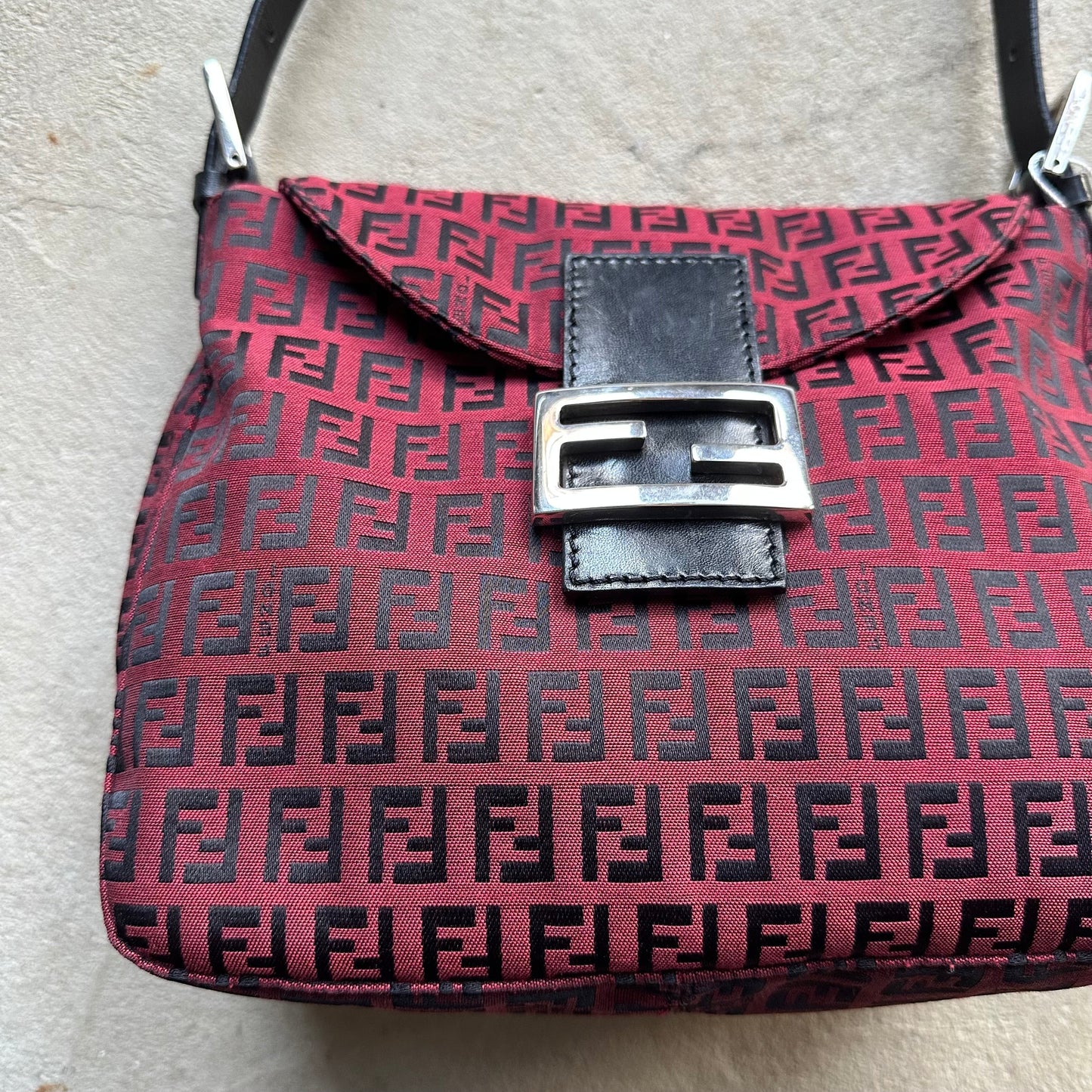 Vintage Fendi Baguette Style Red & Black Zucca Shoulder Bag