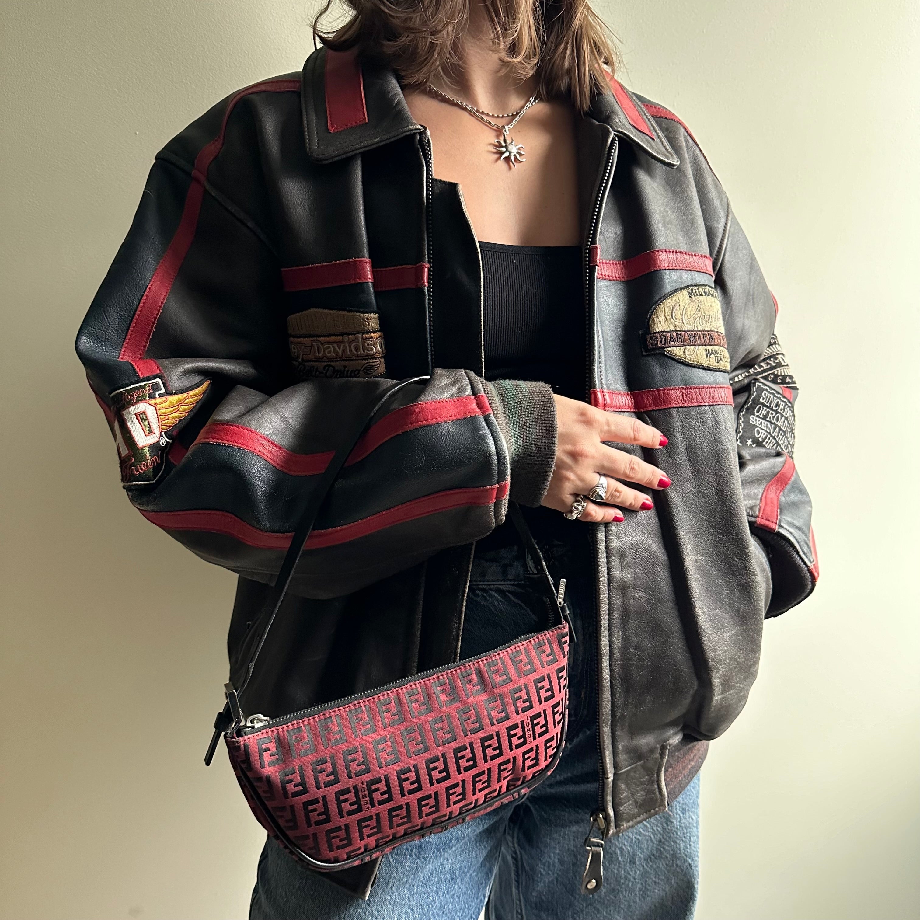 Vintage Fendi Baguette Red & Black Zucchino Shoulder Bag